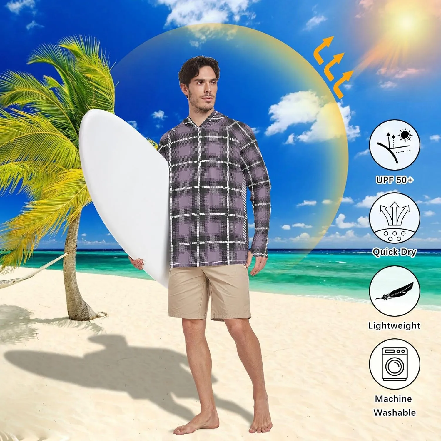 Mens Hoodie Sun Protection Long Sleeve Plaid Buffalo UPF 50 Mens Sun Shirt Adult Rash Guards Rash Guard Shirts