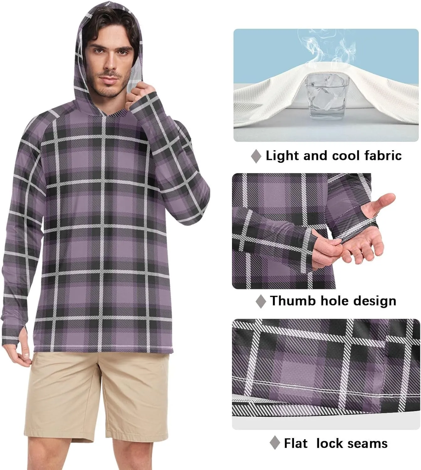 Mens Hoodie Sun Protection Long Sleeve Plaid Buffalo UPF 50 Mens Sun Shirt Adult Rash Guards Rash Guard Shirts