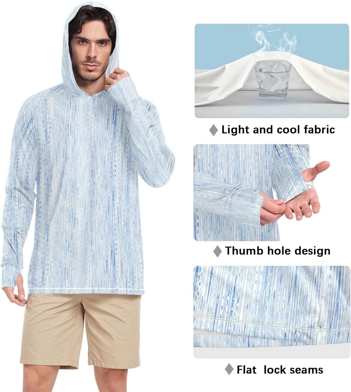 Men's Sun Shirt Hoodie Long Sleeve Gray French Stripe UPF 50   Sun Shirt with Hood Cooling Hoodies Rash Guards Mens
