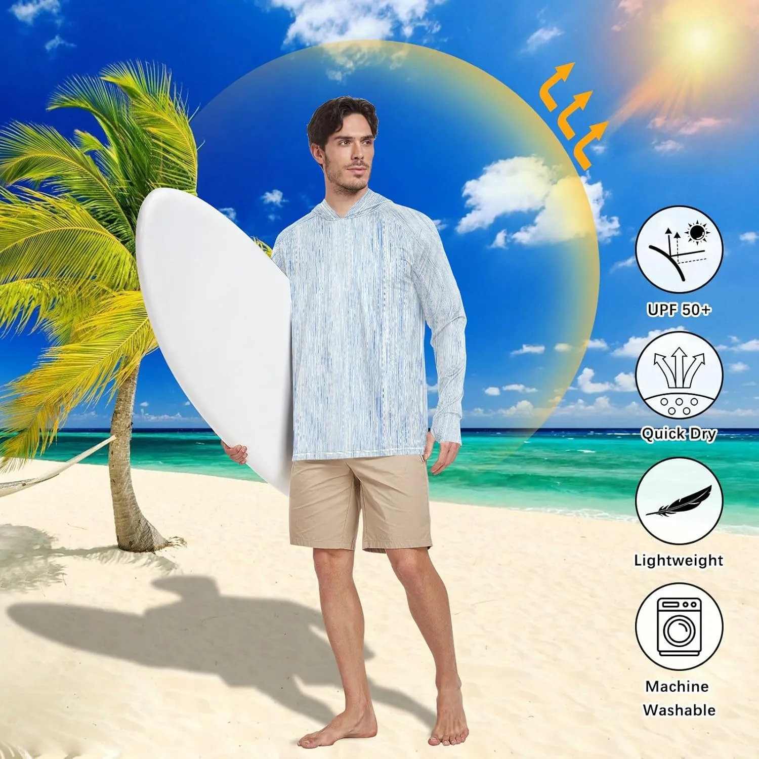 Men's Sun Shirt Hoodie Long Sleeve Gray French Stripe UPF 50   Sun Shirt with Hood Cooling Hoodies Rash Guards Mens