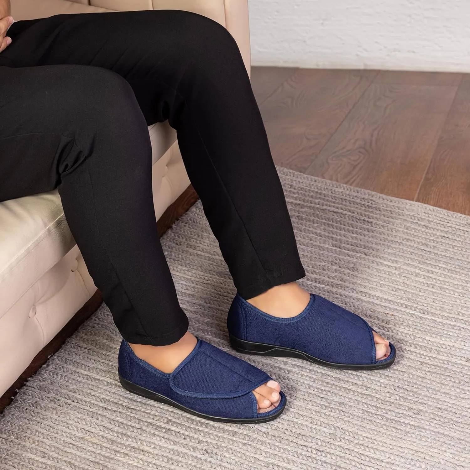 Men's Wide Furry 80-D Memory Foam Diabetic Slipper with Adjustable Closures, Wide Width Warm Plush Fleece Arthritis Edema Swollen Diabetic House Shoes Machine Washable w/Anti Slip Sole