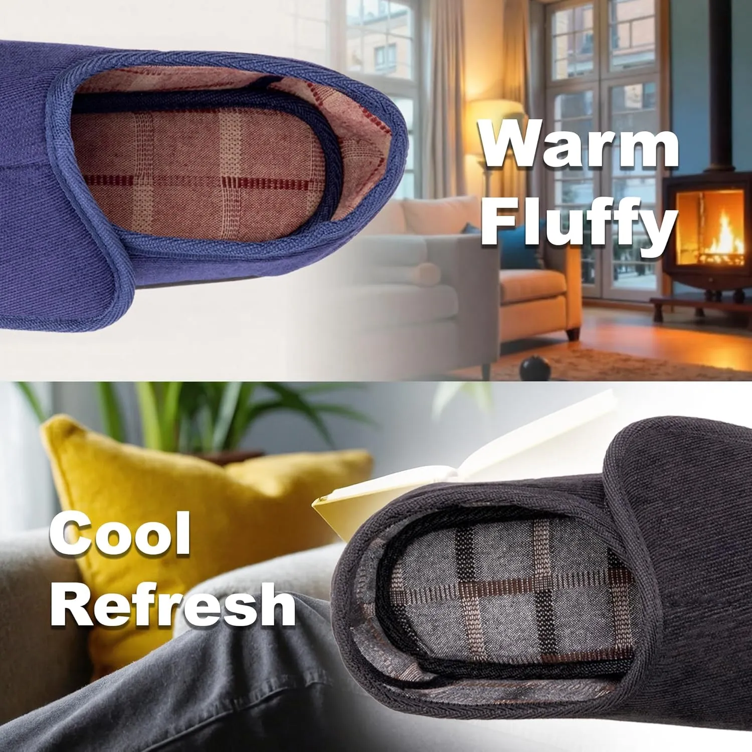 Men's Wide Furry 80-D Memory Foam Diabetic Slipper with Adjustable Closures, Wide Width Warm Plush Fleece Arthritis Edema Swollen Diabetic House Shoes Machine Washable w/Anti Slip Sole