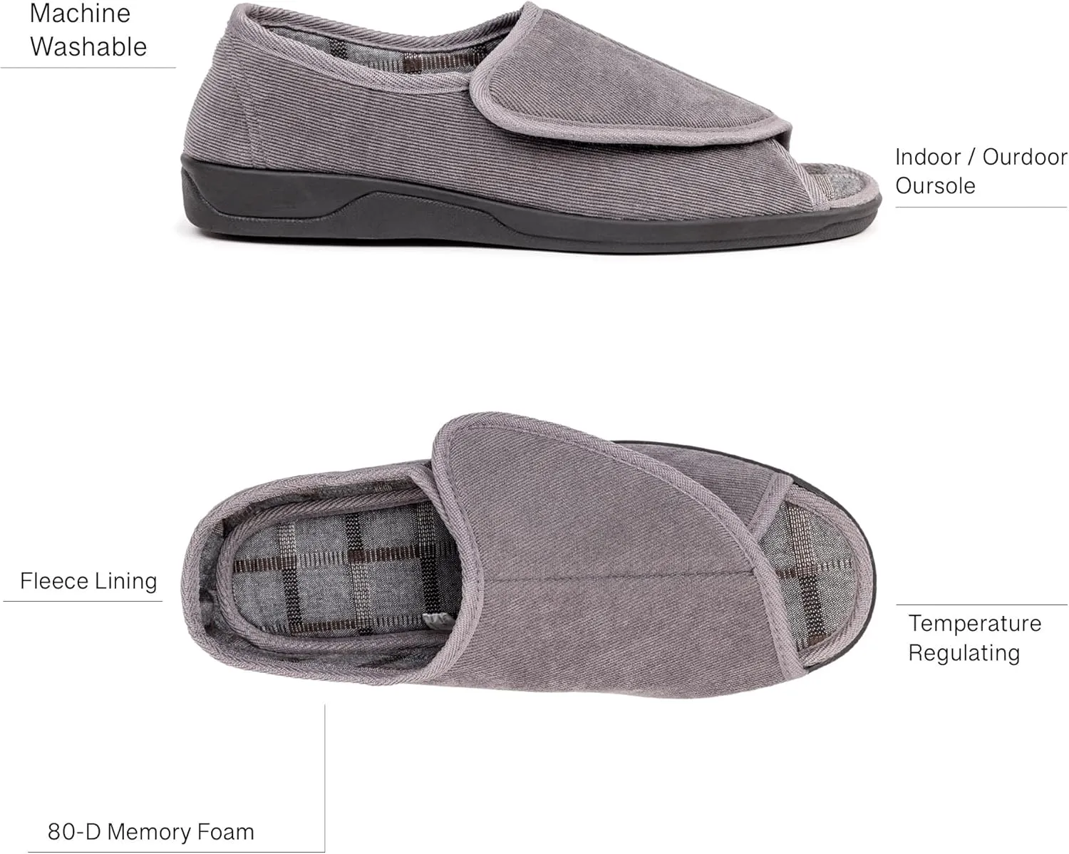 Men's Wide Furry 80-D Memory Foam Diabetic Slipper with Adjustable Closures, Wide Width Warm Plush Fleece Arthritis Edema Swollen Diabetic House Shoes Machine Washable w/Anti Slip Sole