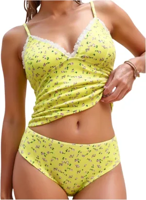 Milumia Women's 2 Piece Ditsy Floral Lace Trim Spaghetti Strap Tankini Swimsuit