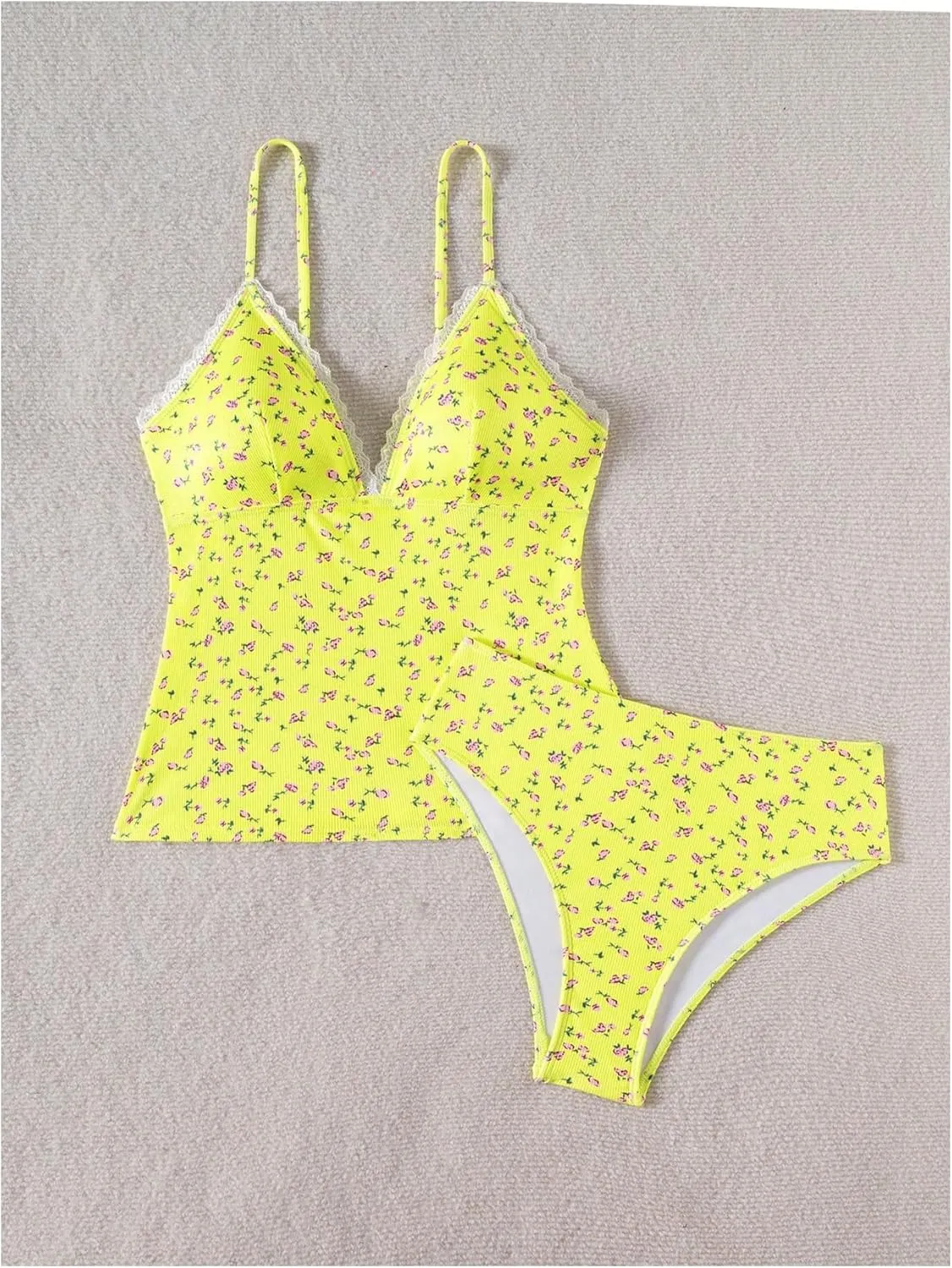 Milumia Women's 2 Piece Ditsy Floral Lace Trim Spaghetti Strap Tankini Swimsuit