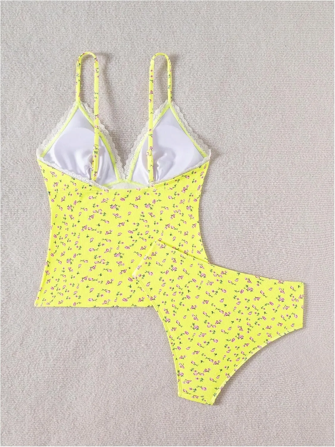 Milumia Women's 2 Piece Ditsy Floral Lace Trim Spaghetti Strap Tankini Swimsuit