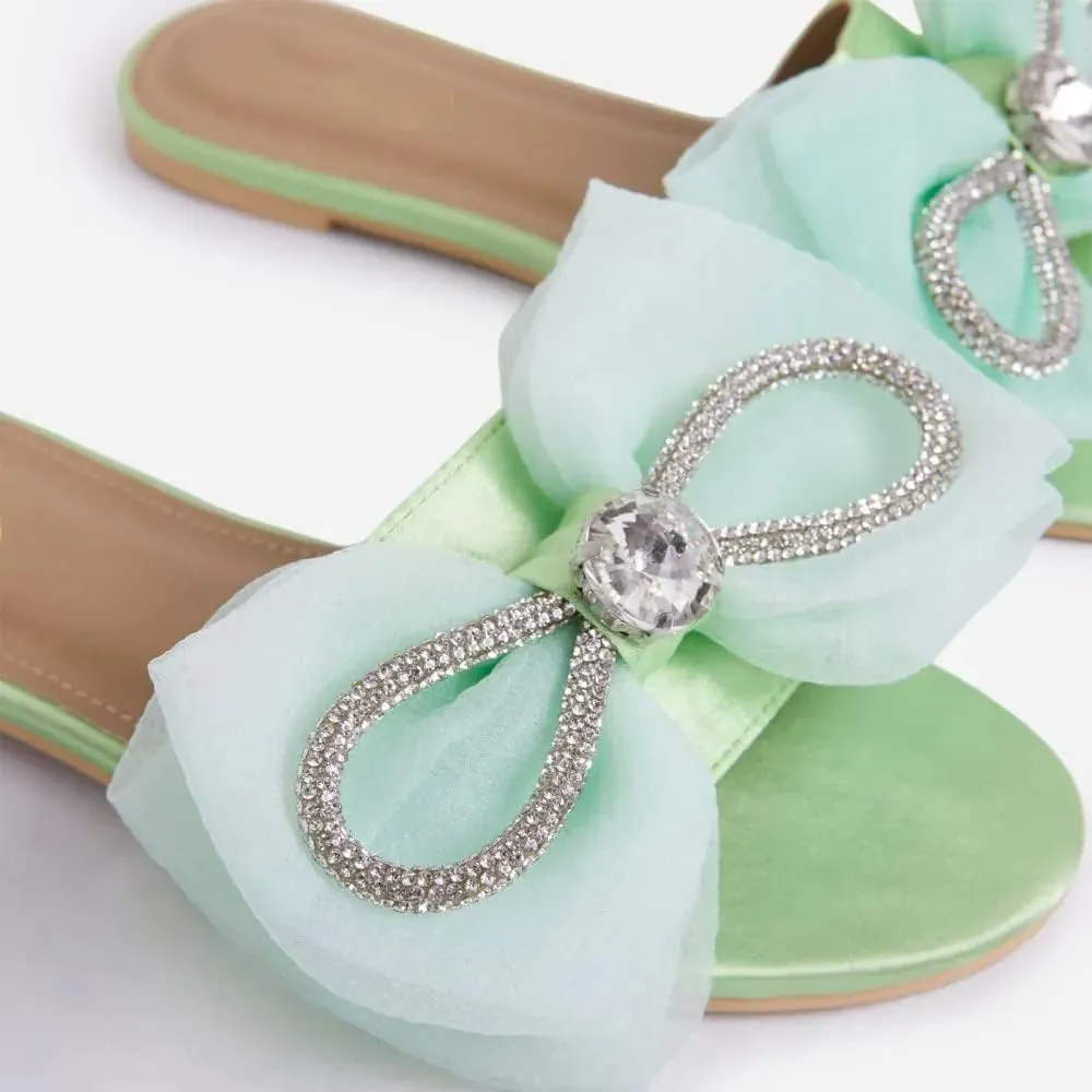 MissHeel Tulle Bow Flat Sandals with Rhinestone