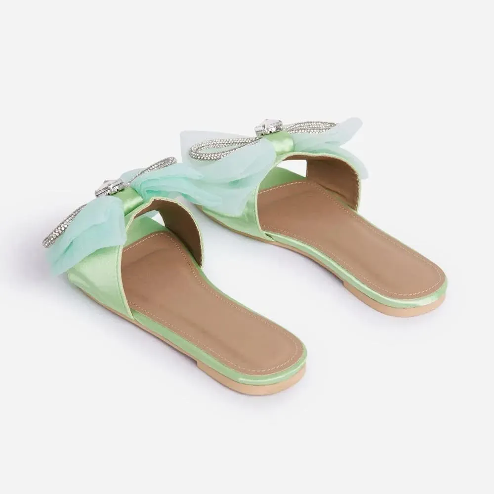 MissHeel Tulle Bow Flat Sandals with Rhinestone