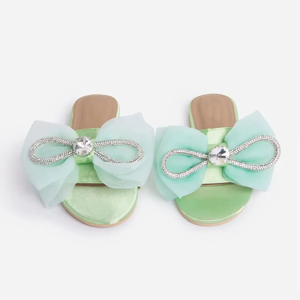 MissHeel Tulle Bow Flat Sandals with Rhinestone