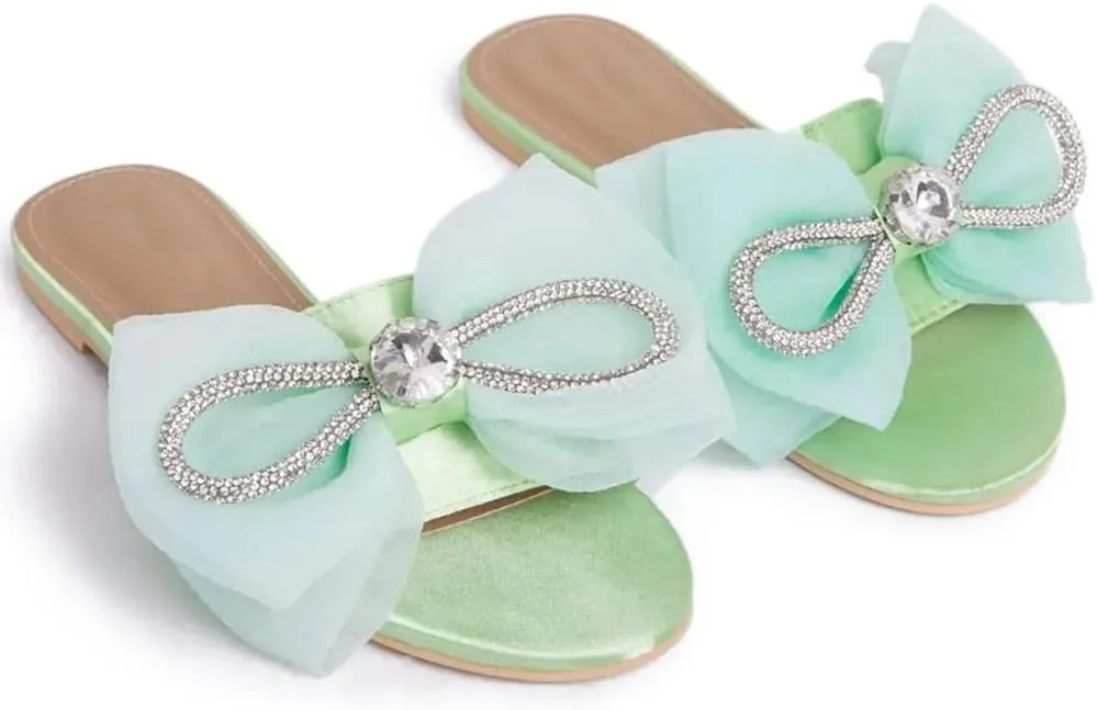 MissHeel Tulle Bow Flat Sandals with Rhinestone