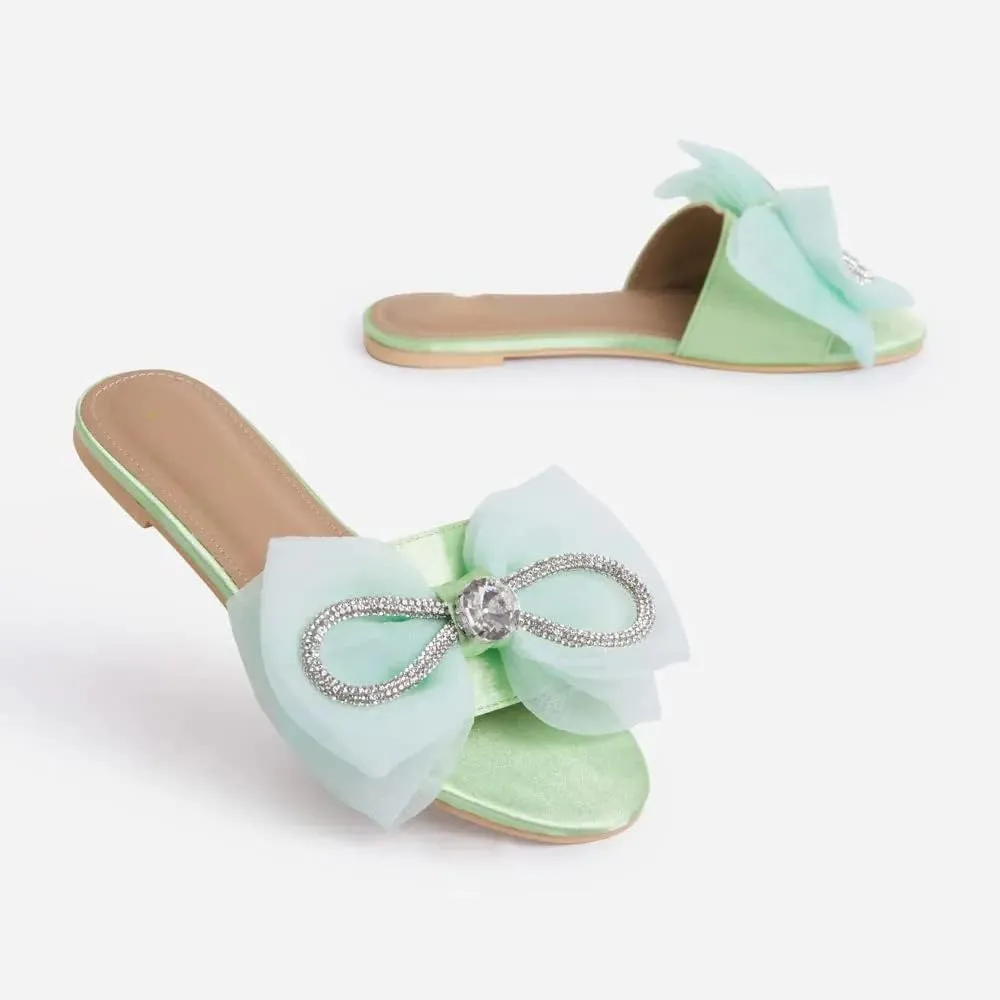 MissHeel Tulle Bow Flat Sandals with Rhinestone