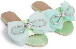 MissHeel Tulle Bow Flat Sandals with Rhinestone