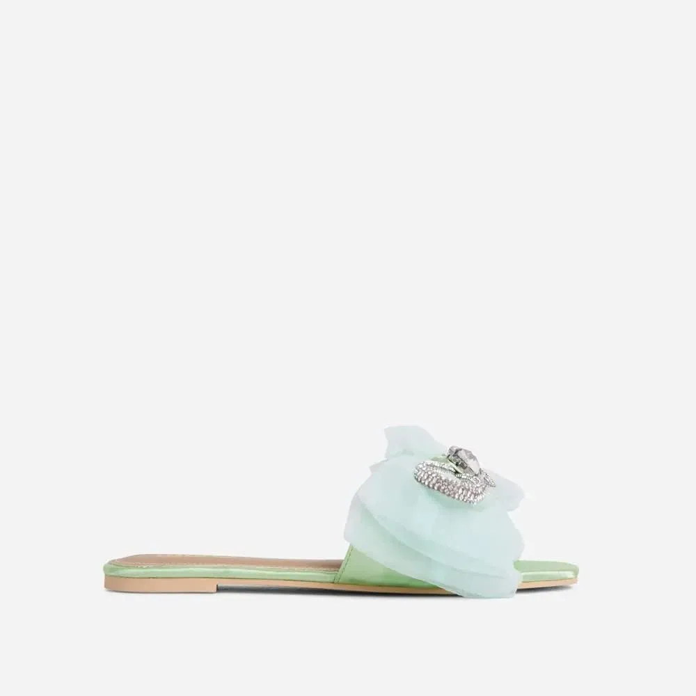 MissHeel Tulle Bow Flat Sandals with Rhinestone