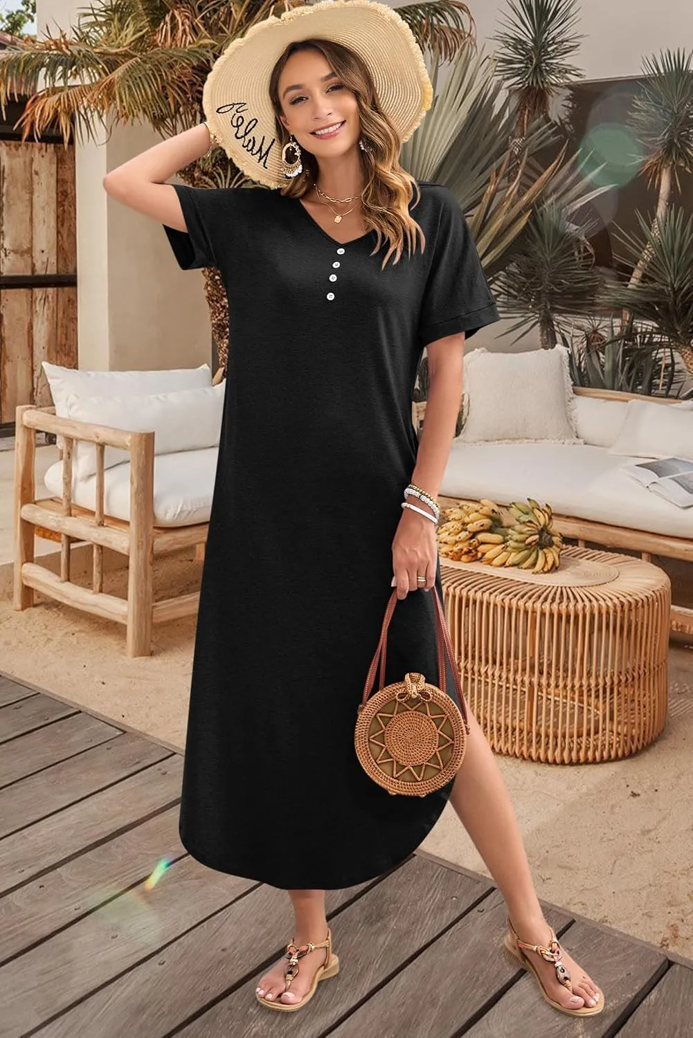 MOLERANI Women's Summer Maxi Dress 2025 Short Sleeve V Neck Casual Loose Sundress Long Beach Split Dresses with Pockets