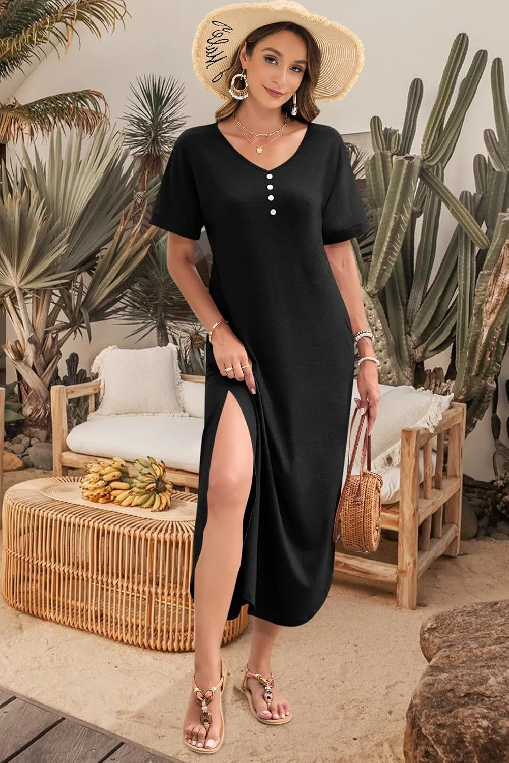 MOLERANI Women's Summer Maxi Dress 2025 Short Sleeve V Neck Casual Loose Sundress Long Beach Split Dresses with Pockets
