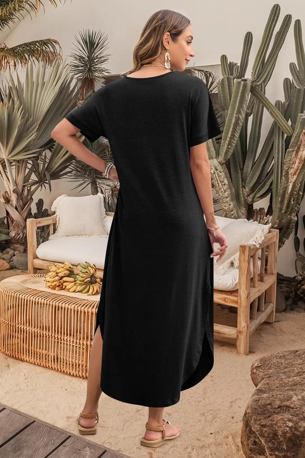 MOLERANI Women's Summer Maxi Dress 2025 Short Sleeve V Neck Casual Loose Sundress Long Beach Split Dresses with Pockets