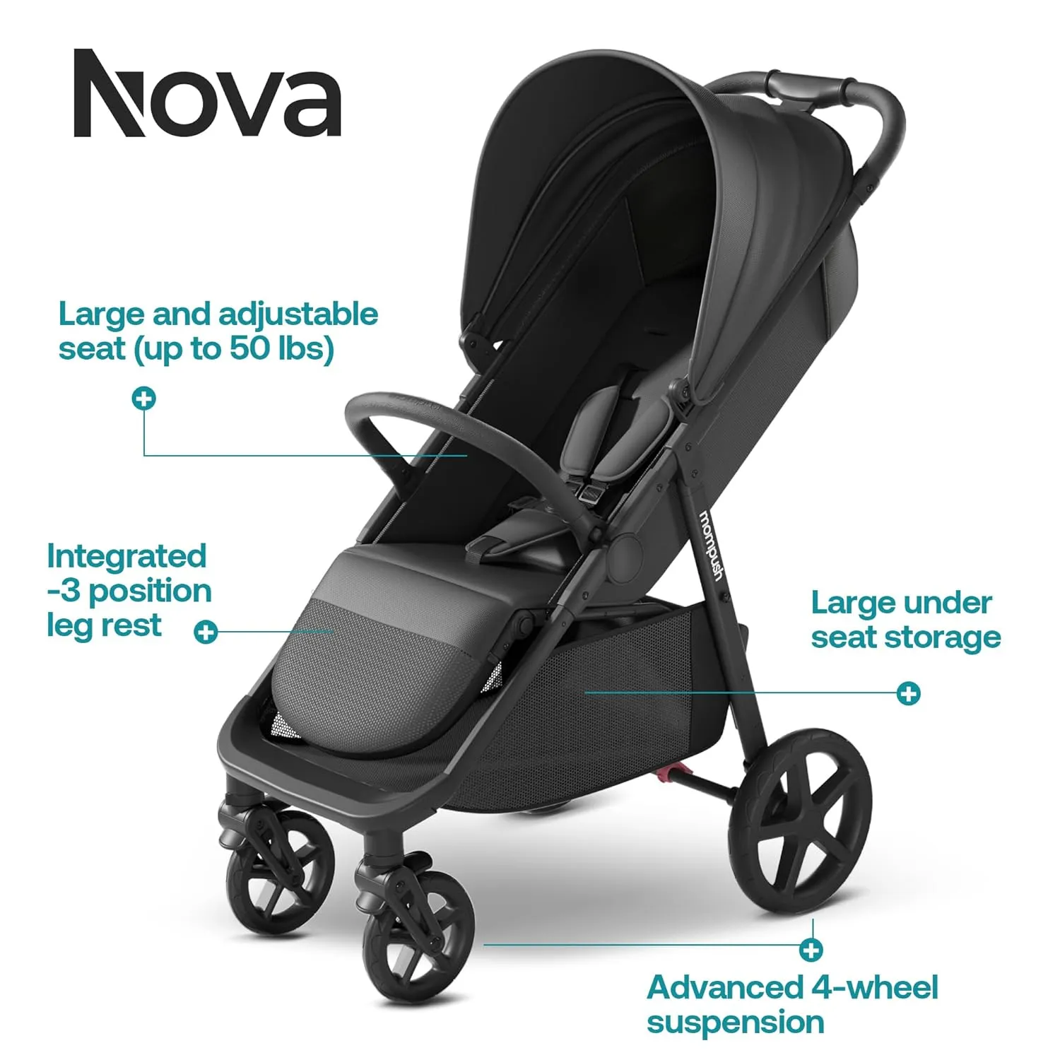 Mompush Nova Baby Stroller, Spacious Seat & Lie-Flat Mode, Infant Stroller with Large UPF 50  Canopy, Compact Folding with One Hand, Suit for Birth to 50 LB