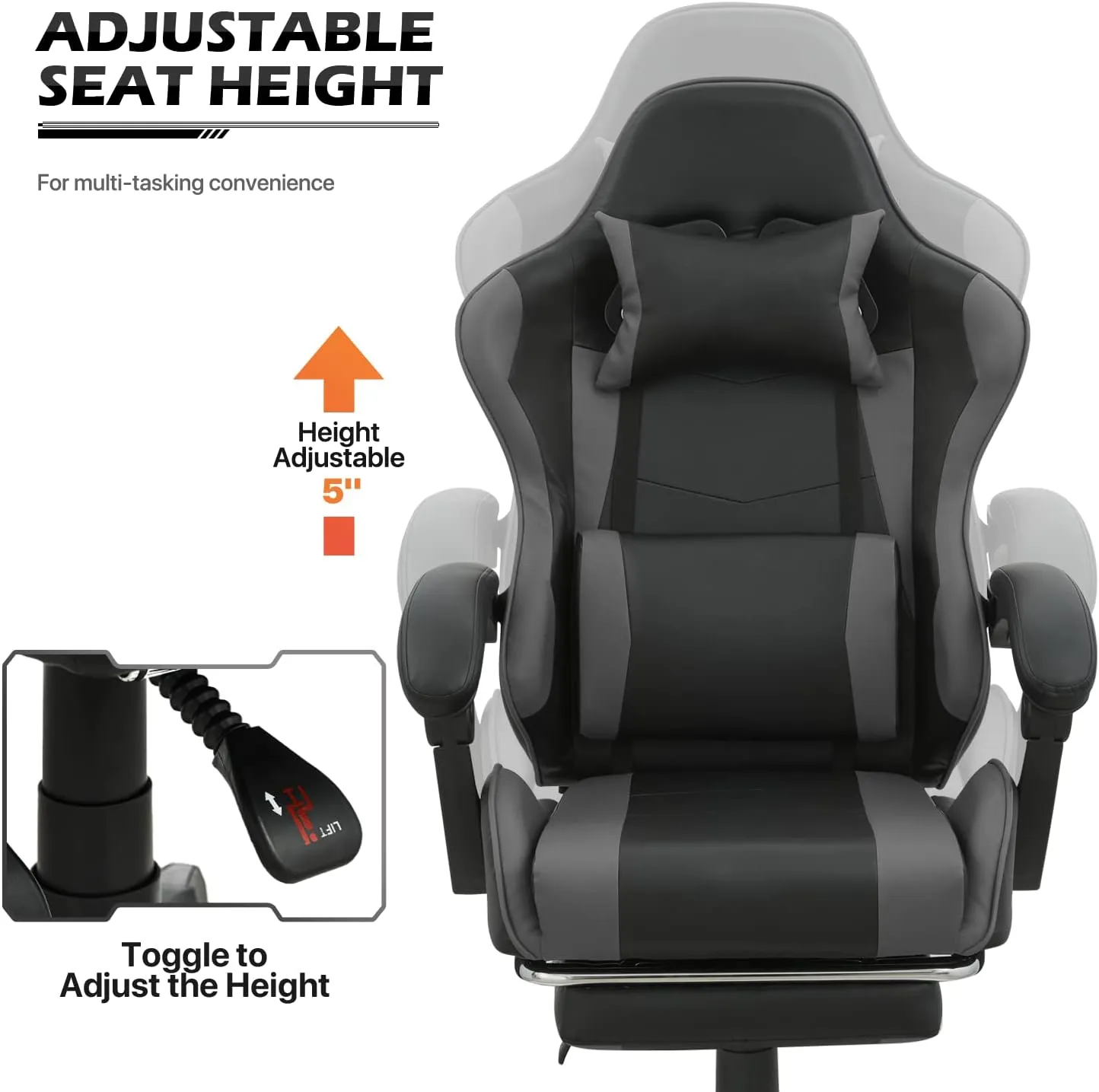 MoNiBloom Gaming Chair Office Chair Leather High Back Computer Chair with Headrest and Lumbar Support 360° Swivel Ergonomic Footrest Adjustable Gamer Chair for Adult Teen Home Office Using, Gray