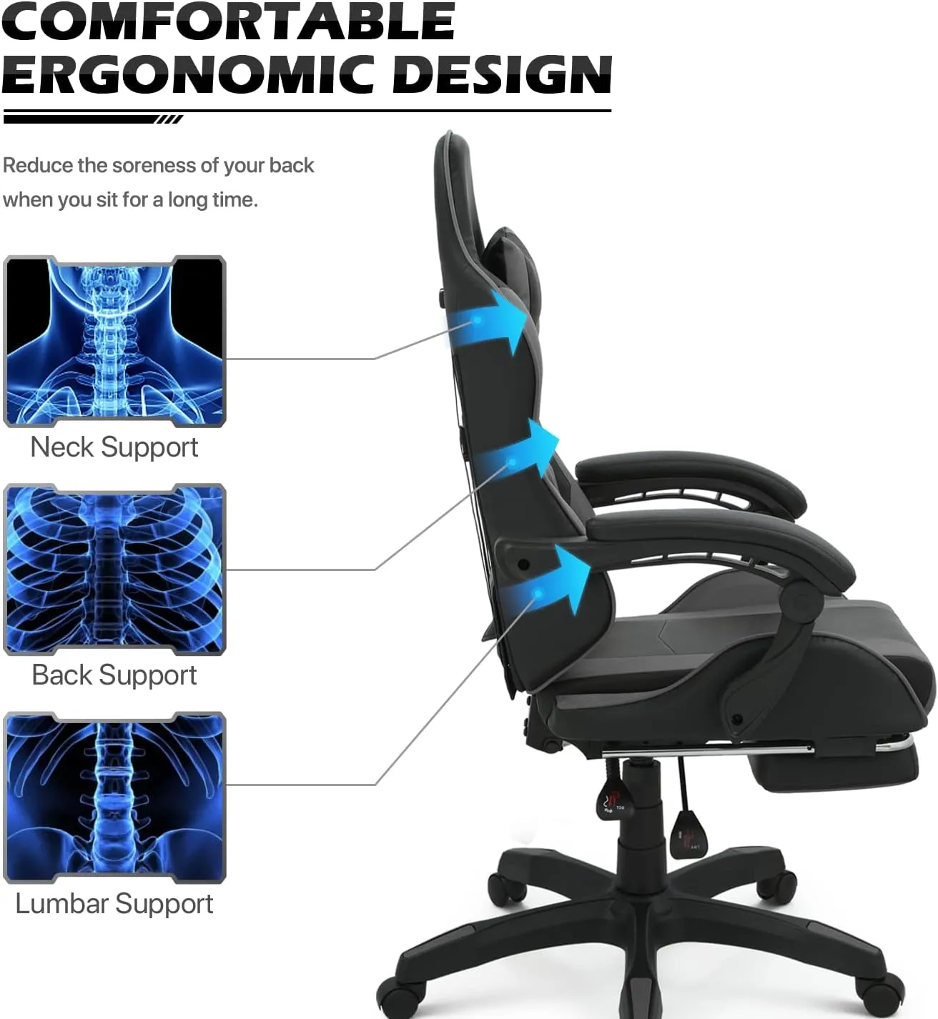 MoNiBloom Gaming Chair Office Chair Leather High Back Computer Chair with Headrest and Lumbar Support 360° Swivel Ergonomic Footrest Adjustable Gamer Chair for Adult Teen Home Office Using, Gray