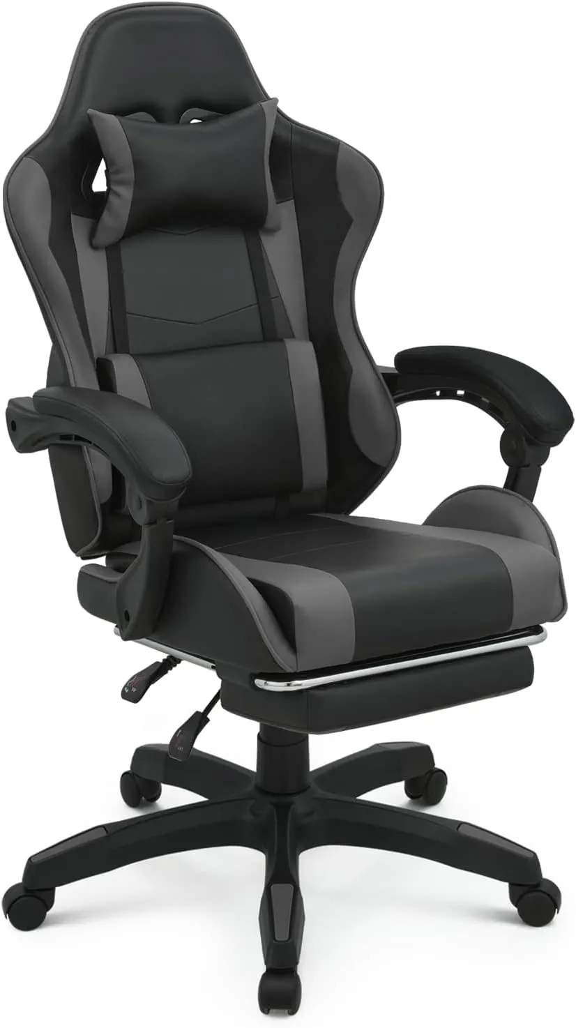 MoNiBloom Gaming Chair Office Chair Leather High Back Computer Chair with Headrest and Lumbar Support 360° Swivel Ergonomic Footrest Adjustable Gamer Chair for Adult Teen Home Office Using, Gray