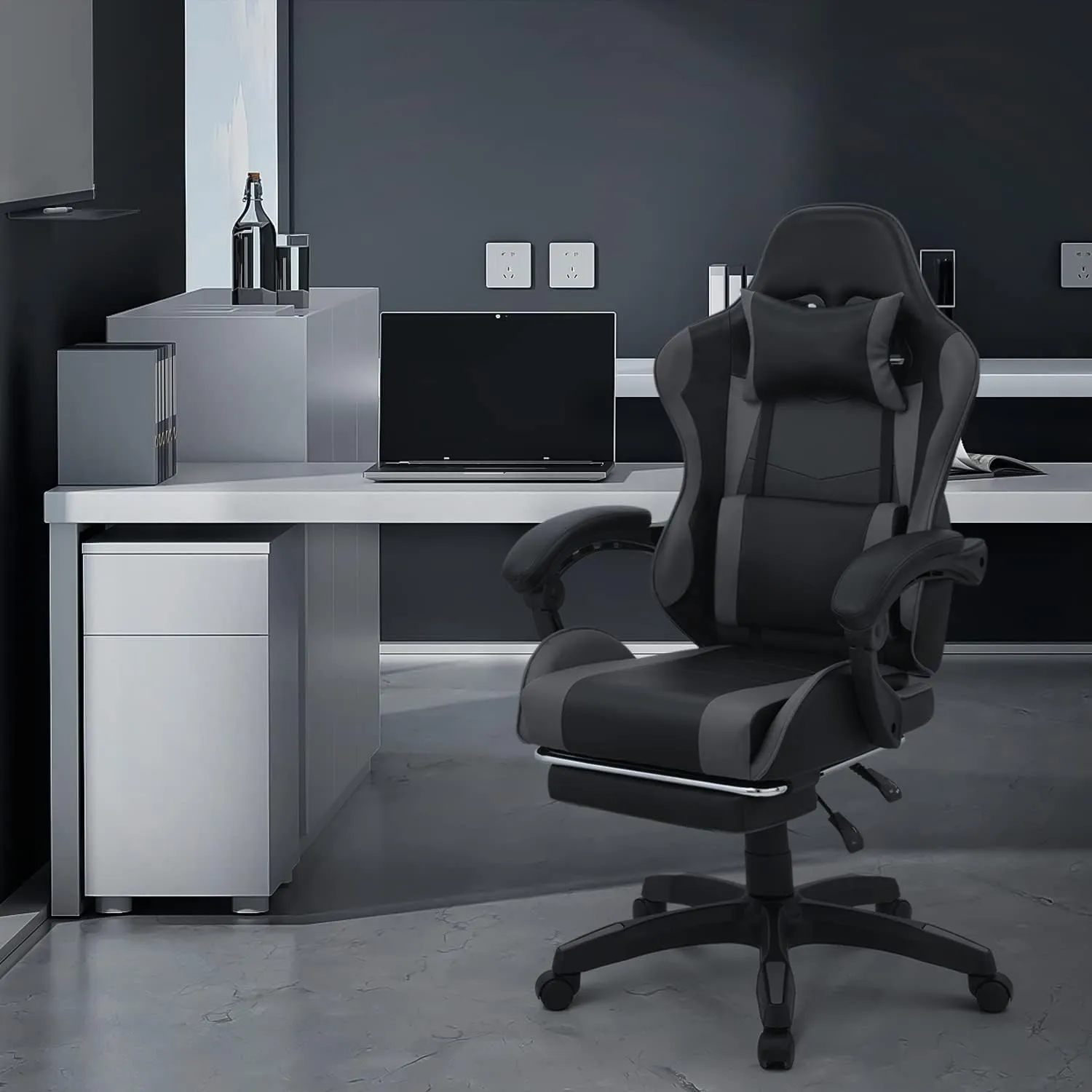 MoNiBloom Gaming Chair Office Chair Leather High Back Computer Chair with Headrest and Lumbar Support 360° Swivel Ergonomic Footrest Adjustable Gamer Chair for Adult Teen Home Office Using, Gray