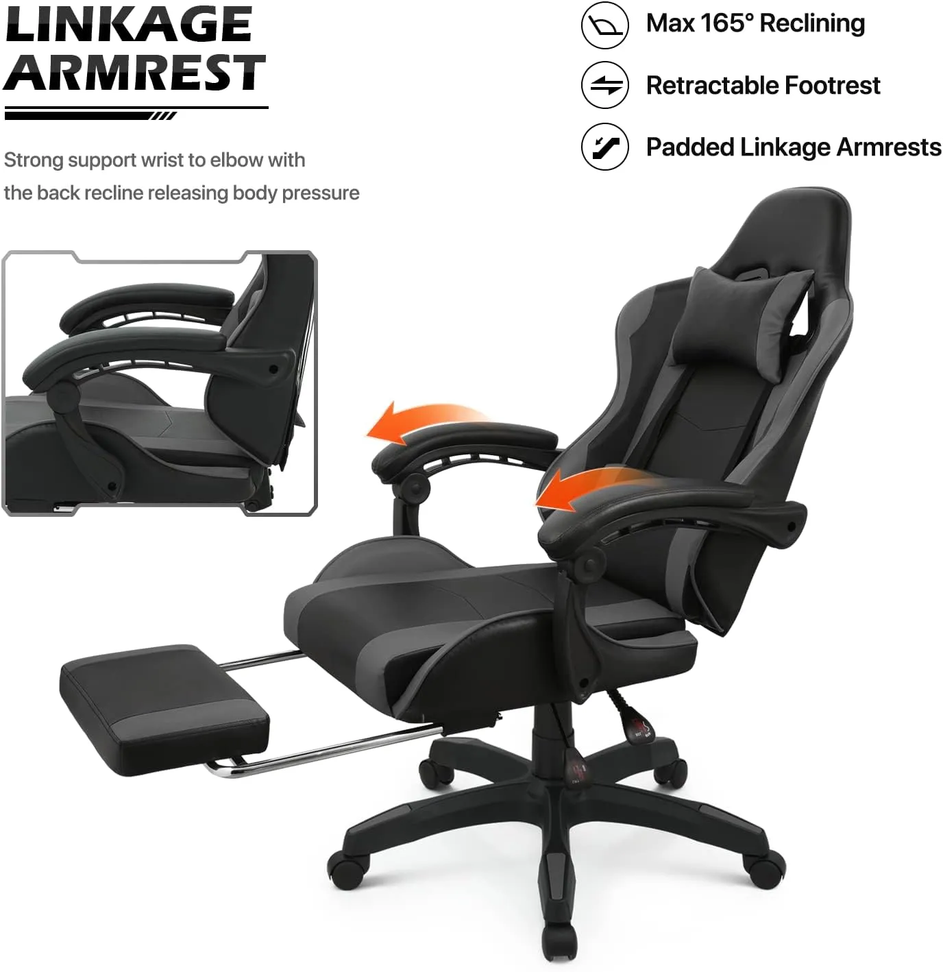 MoNiBloom Gaming Chair Office Chair Leather High Back Computer Chair with Headrest and Lumbar Support 360° Swivel Ergonomic Footrest Adjustable Gamer Chair for Adult Teen Home Office Using, Gray