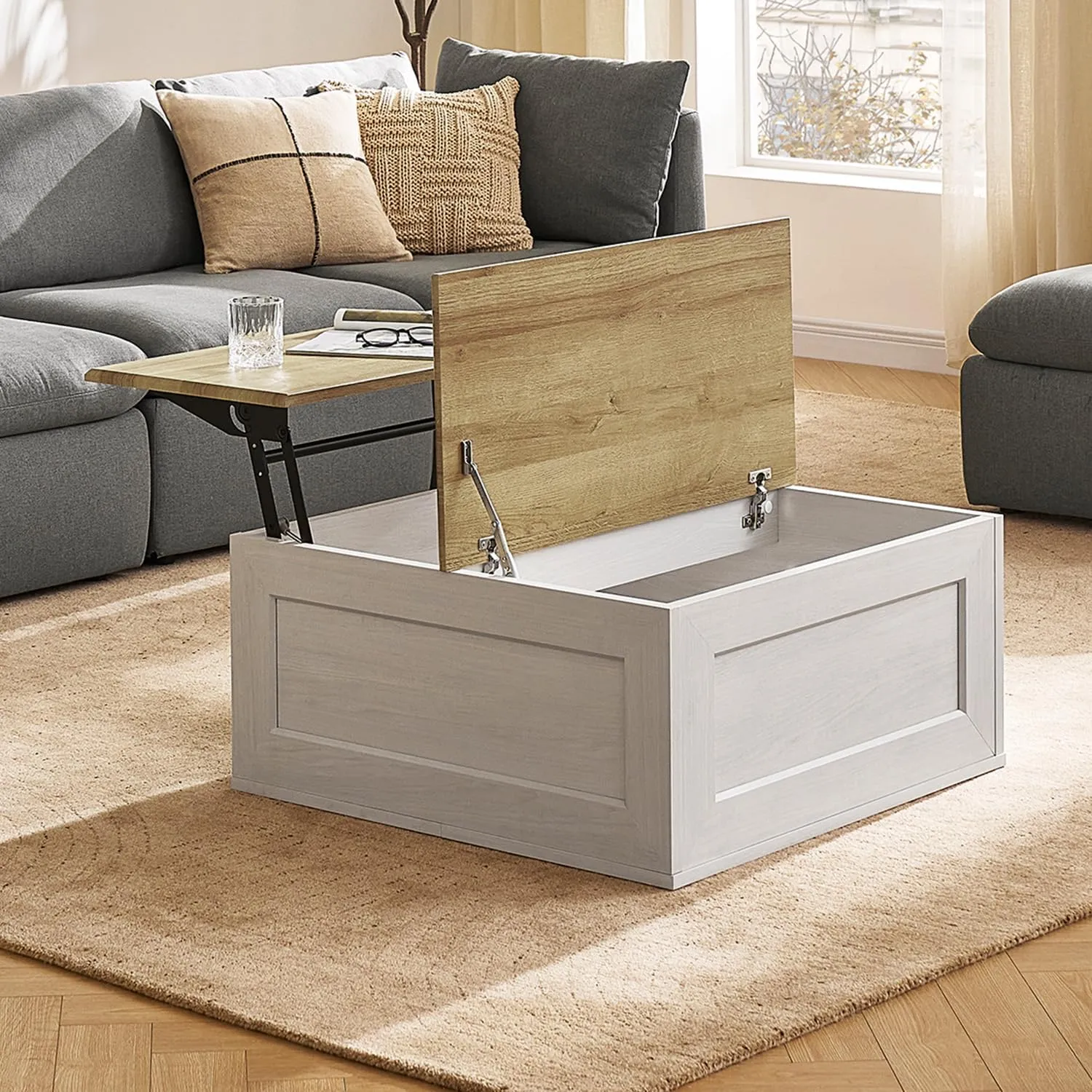 mopio Blake Lift Top Coffee Table with Storage, Modern Farmhouse Square Wood Center Coffee Table with Easy Lifting Top, Chamfered Edge & Soft Closing (White Oak)