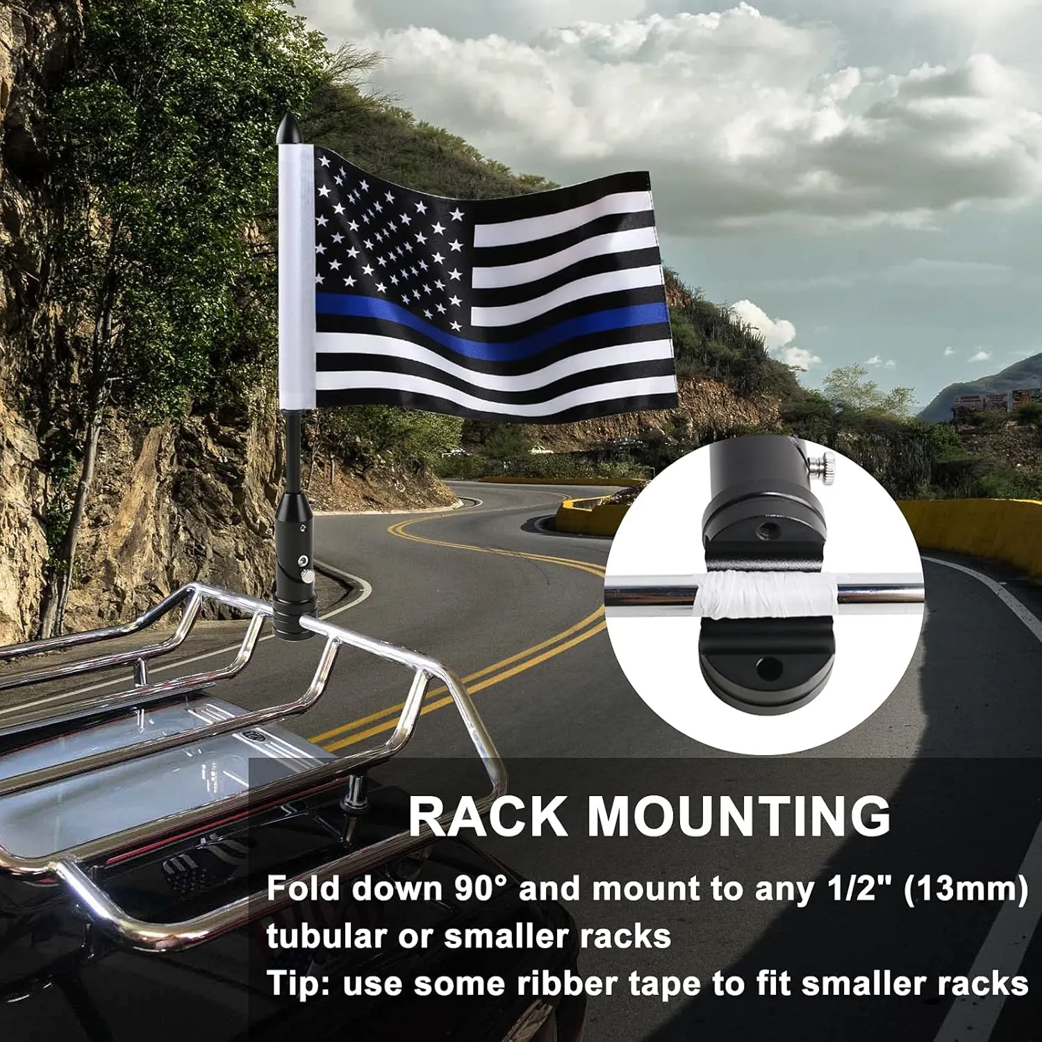 Motorcycle Flag Pole Mounts Fold Down 90° With Thin Blue Line American Flag Flip Down Holder Fit For 1/2'' Motorcycle Luggage Rack Harley Davidson Road King Touring Spring Honda Goldwing etc.
