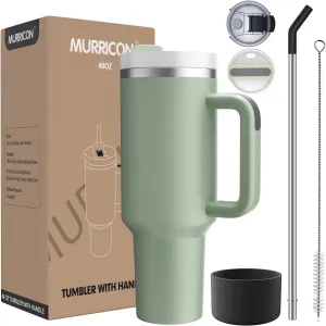 MURRICON 40 oz Tumbler with Handle and Straw,Reusable Vacuum Quencher Tumbler with Lid,Stainless Steel Insulated Travel Mug,for Coffee and Beverages(Bay Green)