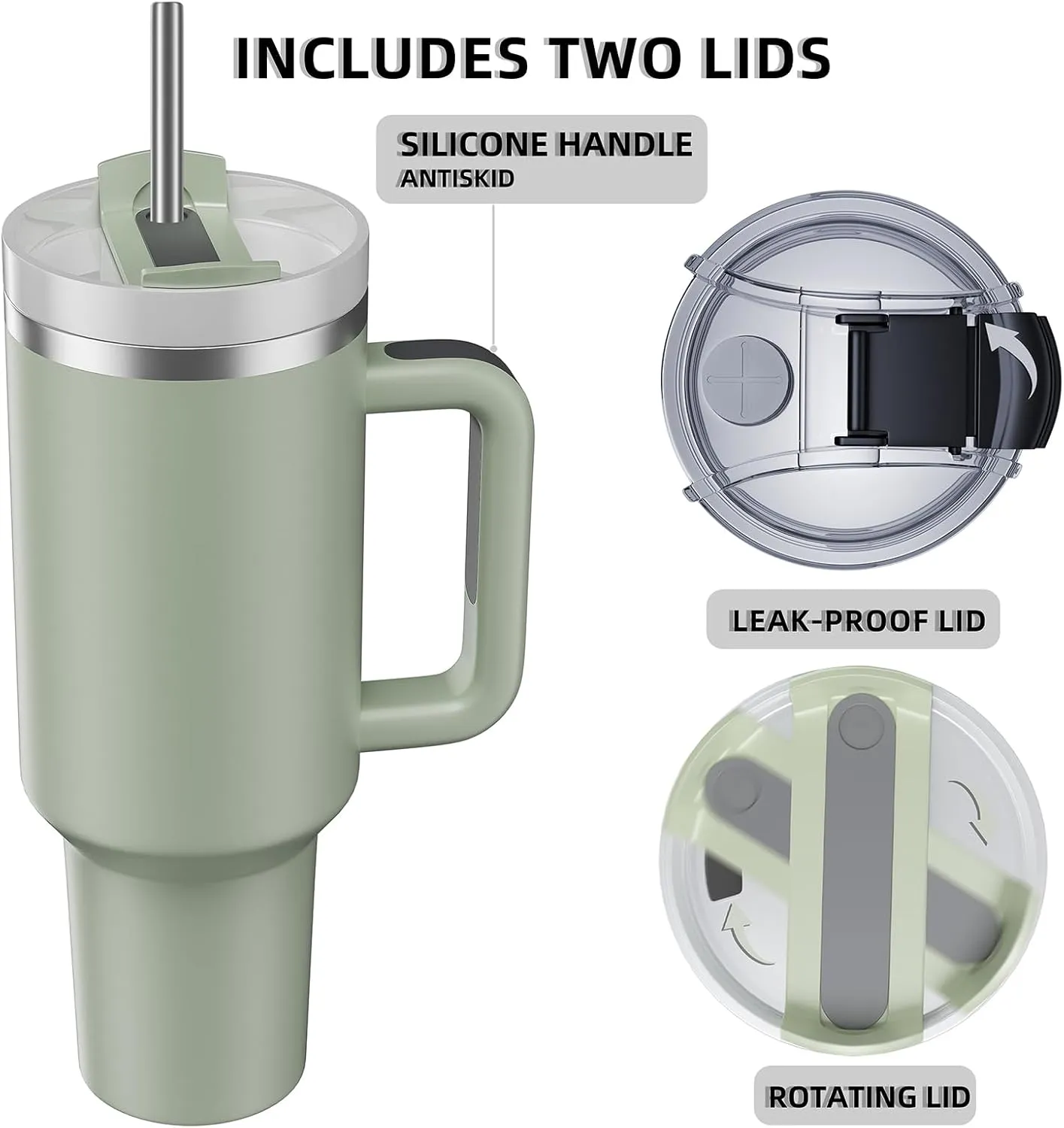 MURRICON 40 oz Tumbler with Handle and Straw,Reusable Vacuum Quencher Tumbler with Lid,Stainless Steel Insulated Travel Mug,for Coffee and Beverages(Bay Green)