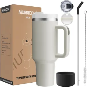 MURRICON 40 oz Tumbler with Handle and Straw,Reusable Vacuum Quencher Tumbler with Lid,Stainless Steel Insulated Travel Mug,for Coffee and Beverages(Dune)