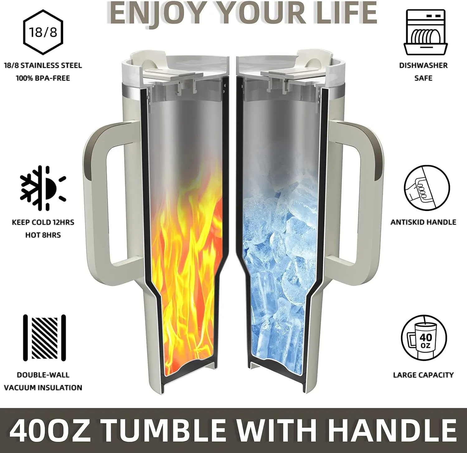 MURRICON 40 oz Tumbler with Handle and Straw,Reusable Vacuum Quencher Tumbler with Lid,Stainless Steel Insulated Travel Mug,for Coffee and Beverages(Dune)