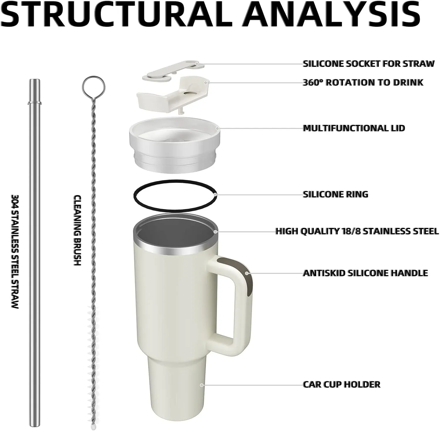 MURRICON 40 oz Tumbler with Handle and Straw,Reusable Vacuum Quencher Tumbler with Lid,Stainless Steel Insulated Travel Mug,for Coffee and Beverages(Dune)