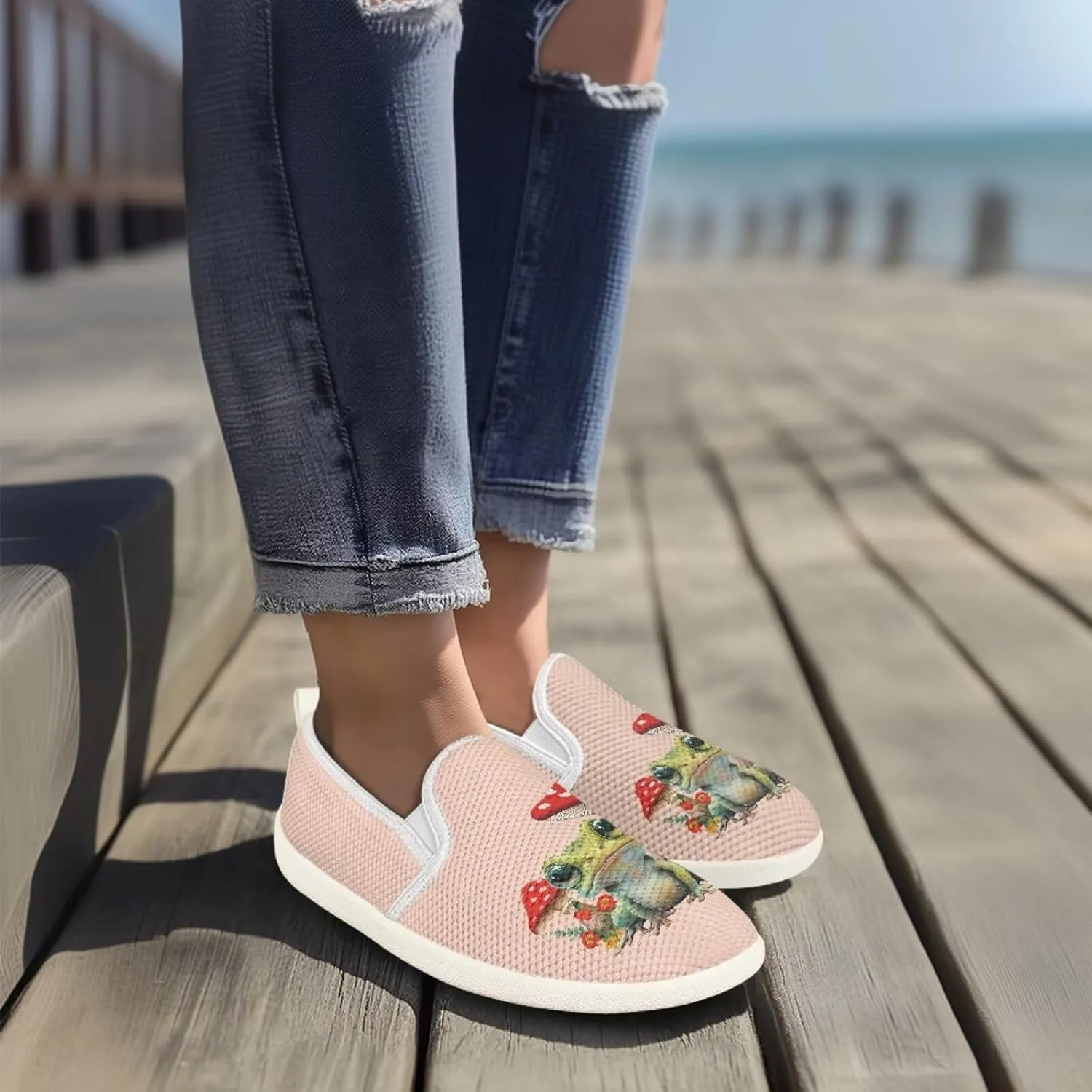 Mushroom Design Running Shoes Flats for Women Tennis Shoes Slip Resistant Work Shoes