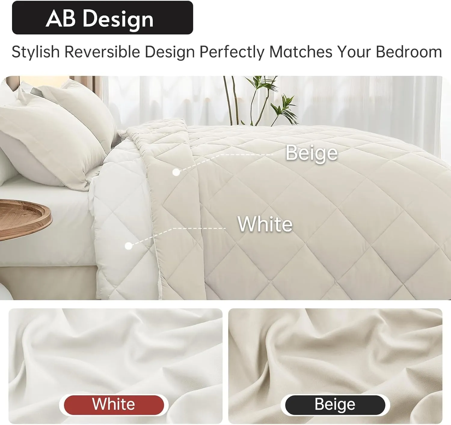 MUXHOMO 7 Pieces California King Comforter Set, Reversible Bed in a Bag Cal King Size, All Season Bedding Set with Comforter, Flat Sheet, Fitted Sheet, Pillowcases & Shams, Beige & White