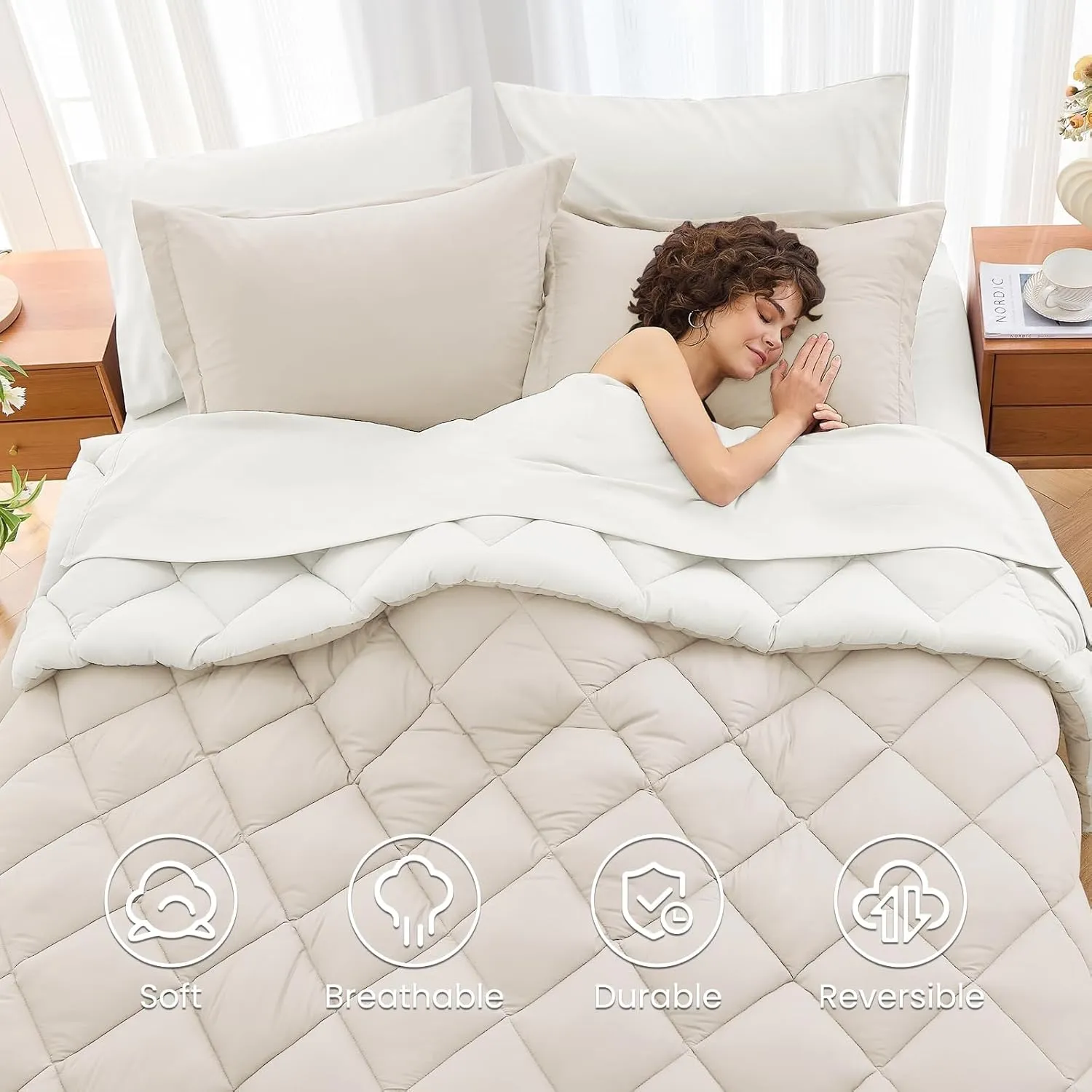 MUXHOMO 7 Pieces California King Comforter Set, Reversible Bed in a Bag Cal King Size, All Season Bedding Set with Comforter, Flat Sheet, Fitted Sheet, Pillowcases & Shams, Beige & White