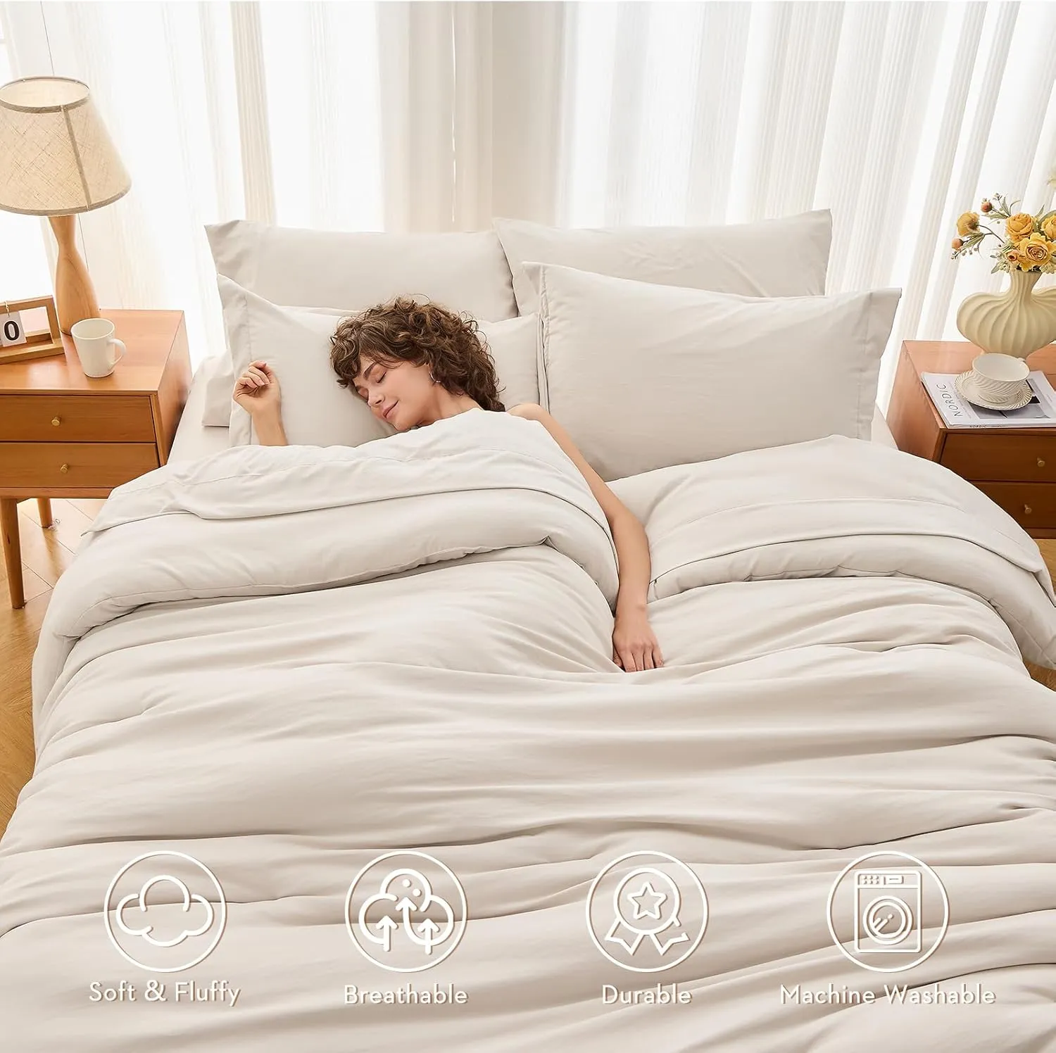 MUXHOMO 7 Pieces King Comforter Set, Soft Bed in a Bag King Size, All Season Bedding Set with Comforter, Flat Sheet, Fitted Sheet, Pillowcases & Shams, Beige