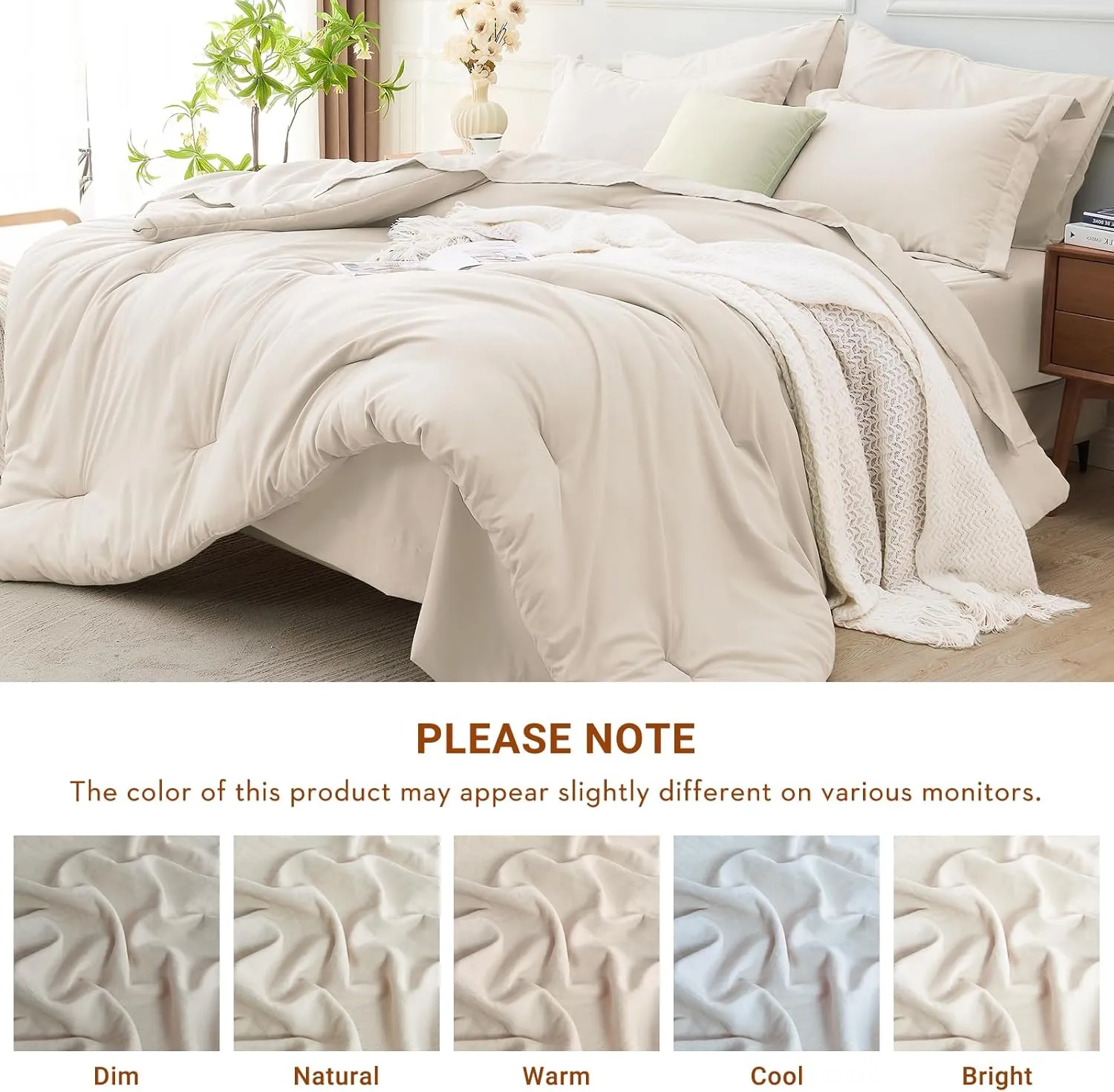 MUXHOMO 7 Pieces King Comforter Set, Soft Bed in a Bag King Size, All Season Bedding Set with Comforter, Flat Sheet, Fitted Sheet, Pillowcases & Shams, Beige
