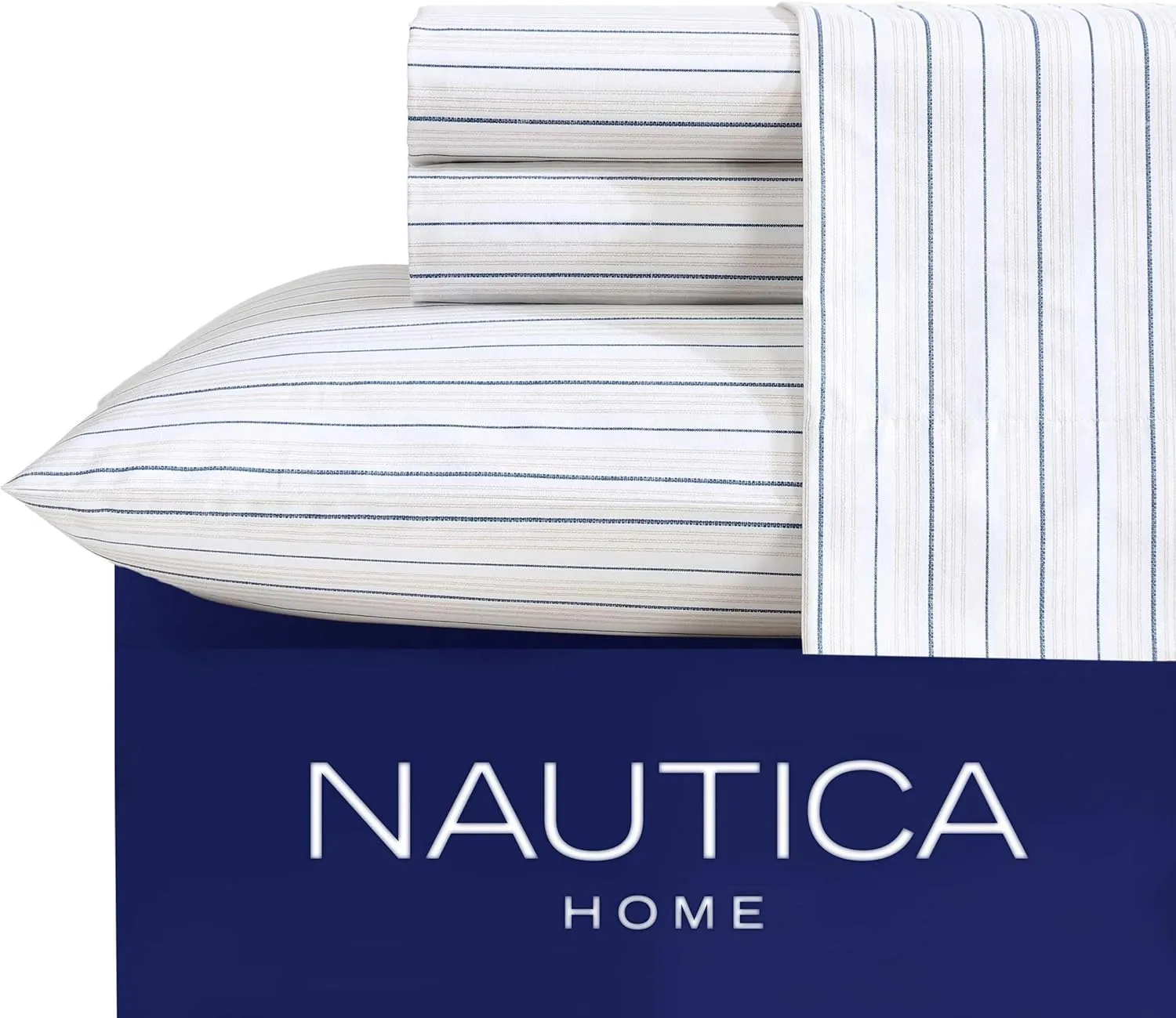 Nautica - Full Sheets, Premium Cotton Percale Bedding Set, Striped Bedding Set, Oeko-Tex Certified (Beaux Stripe Blue, Full)