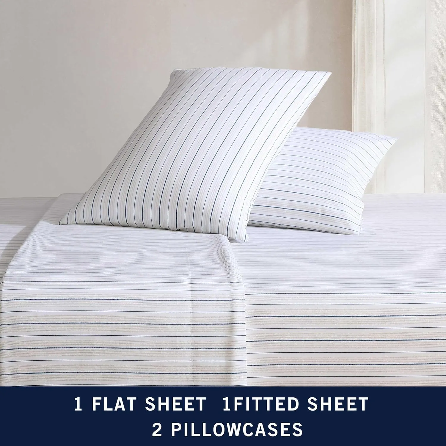 Nautica - Full Sheets, Premium Cotton Percale Bedding Set, Striped Bedding Set, Oeko-Tex Certified (Beaux Stripe Blue, Full)