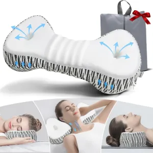 Neck Support Pillow, Cervical Traction Device, Small Neck Roll Pillow Memory Foam, Premium Pillow for Stiff Neck, Camping & Travel Pillow with Removable Cooling Pillowcase and Portable Bag