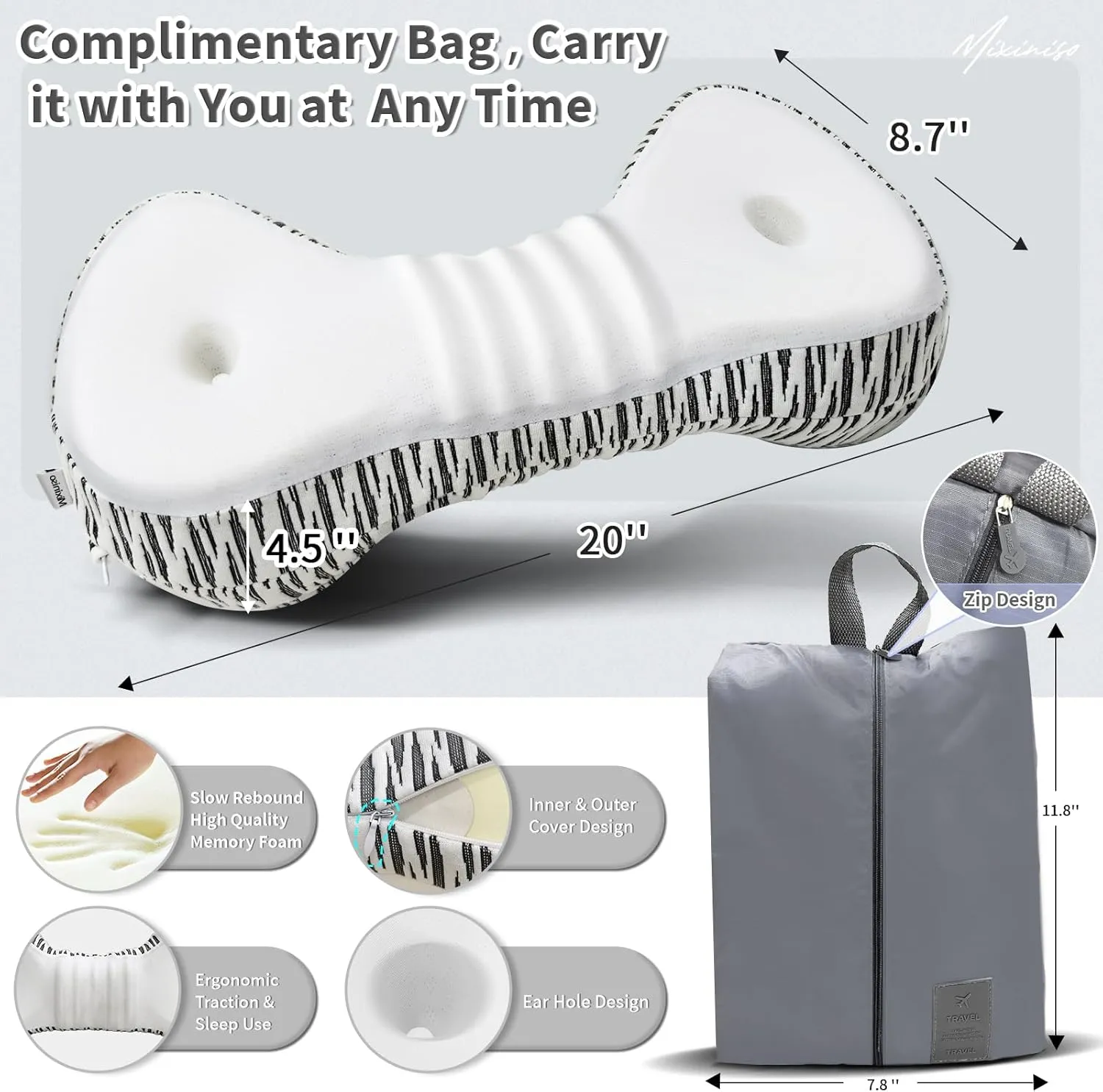 Neck Support Pillow, Cervical Traction Device, Small Neck Roll Pillow Memory Foam, Premium Pillow for Stiff Neck, Camping & Travel Pillow with Removable Cooling Pillowcase and Portable Bag