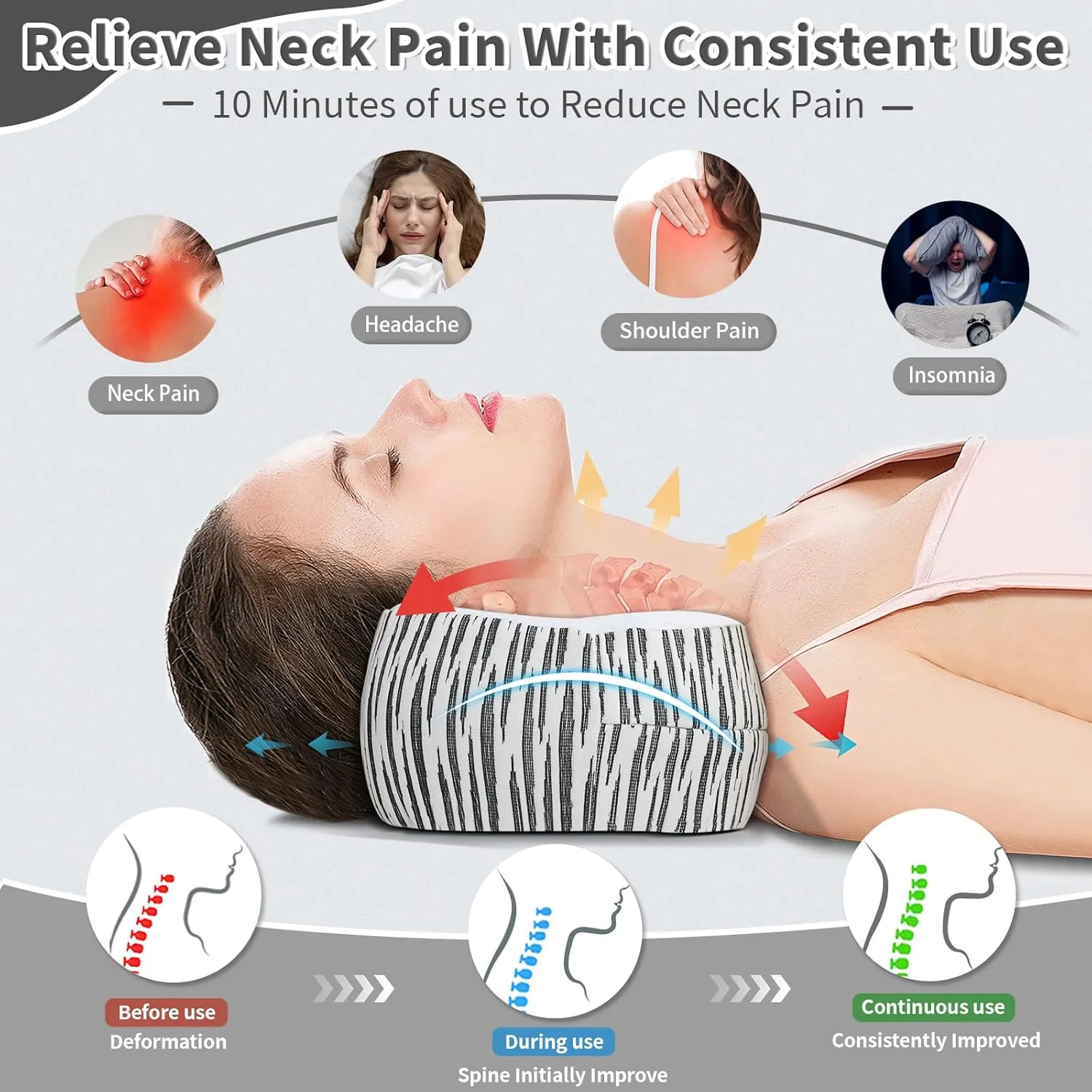 Neck Support Pillow, Cervical Traction Device, Small Neck Roll Pillow Memory Foam, Premium Pillow for Stiff Neck, Camping & Travel Pillow with Removable Cooling Pillowcase and Portable Bag