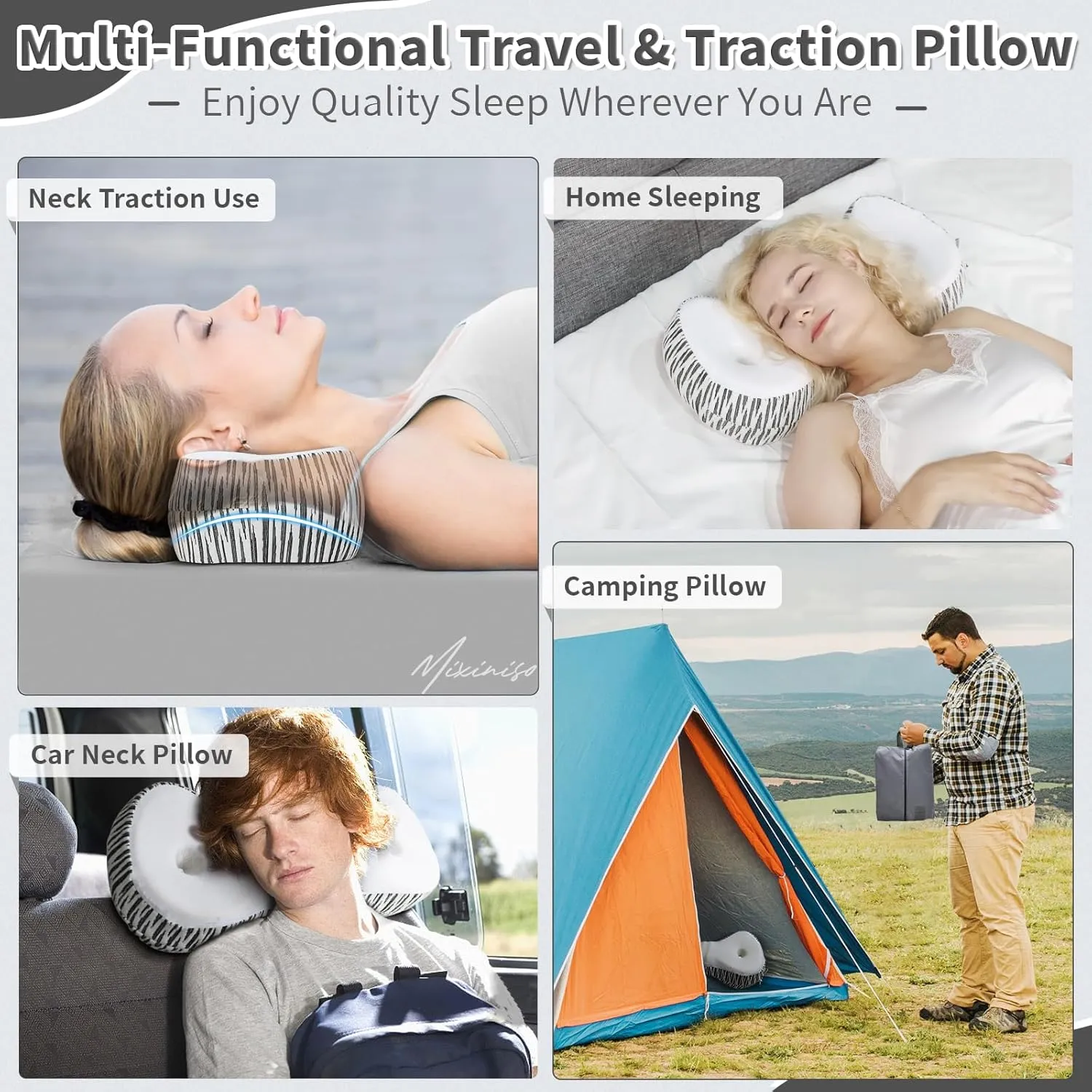 Neck Support Pillow, Cervical Traction Device, Small Neck Roll Pillow Memory Foam, Premium Pillow for Stiff Neck, Camping & Travel Pillow with Removable Cooling Pillowcase and Portable Bag