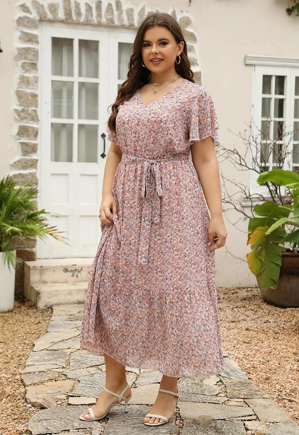 Nemidor Womens Casual Plus Size Boho Print Belted Layered Chiffon Long Dress with Ruffle Sleeve NEM310