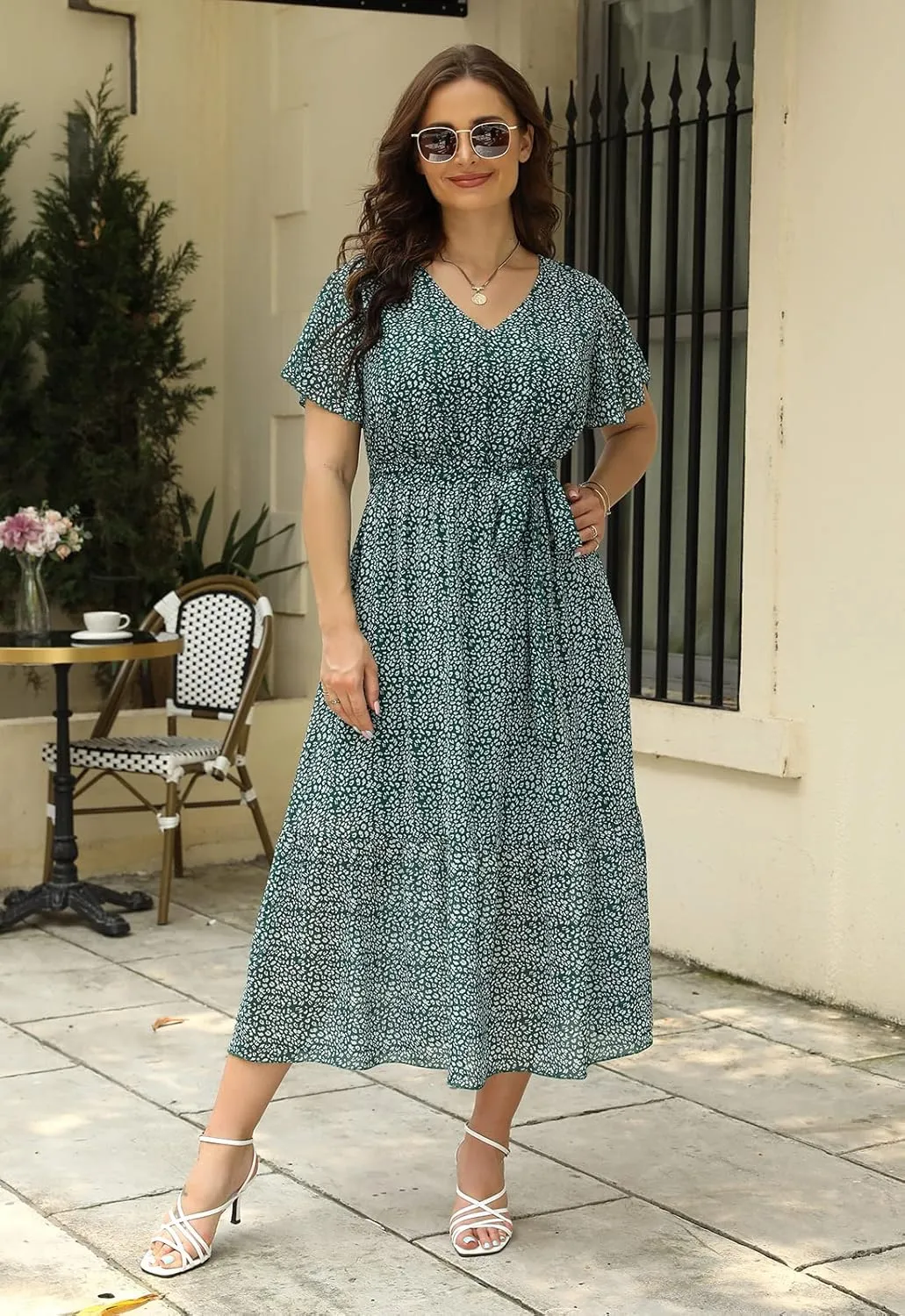 Nemidor Womens Casual Plus Size Boho Print Belted Layered Chiffon Long Dress with Ruffle Sleeve NEM310
