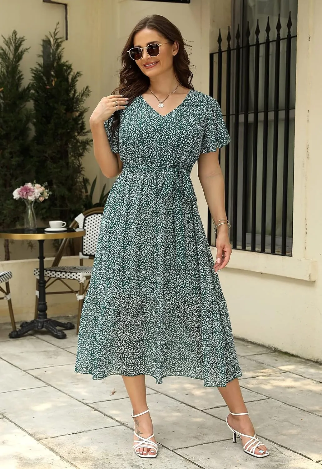 Nemidor Womens Casual Plus Size Boho Print Belted Layered Chiffon Long Dress with Ruffle Sleeve NEM310