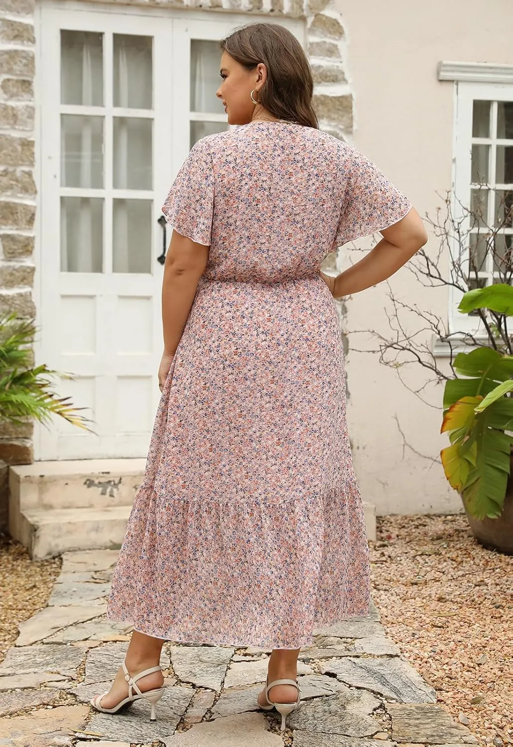 Nemidor Womens Casual Plus Size Boho Print Belted Layered Chiffon Long Dress with Ruffle Sleeve NEM310