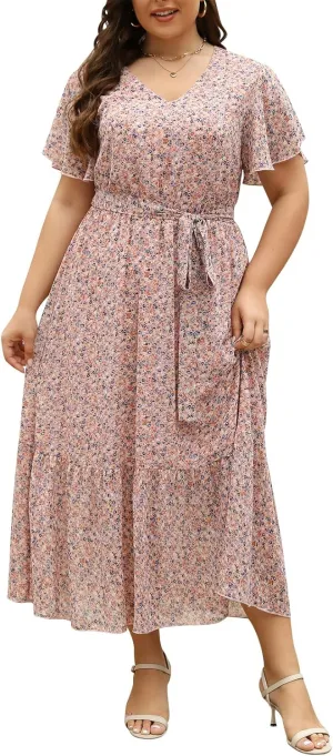 Nemidor Womens Casual Plus Size Boho Print Belted Layered Chiffon Long Dress with Ruffle Sleeve NEM310