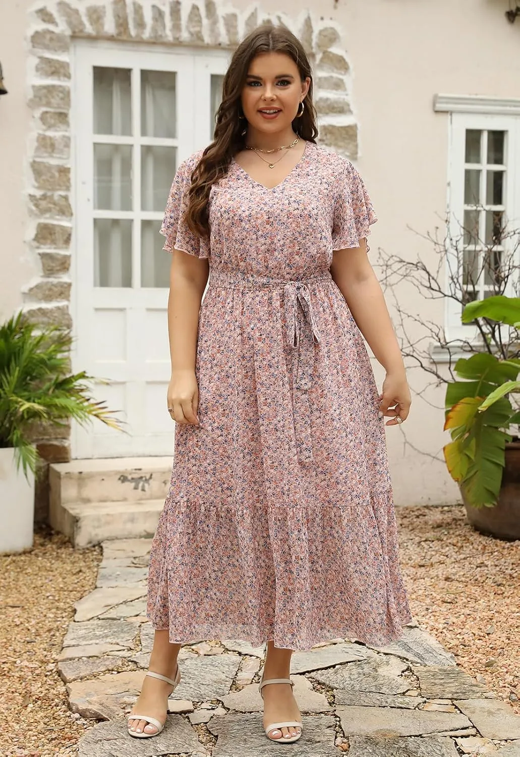Nemidor Womens Casual Plus Size Boho Print Belted Layered Chiffon Long Dress with Ruffle Sleeve NEM310